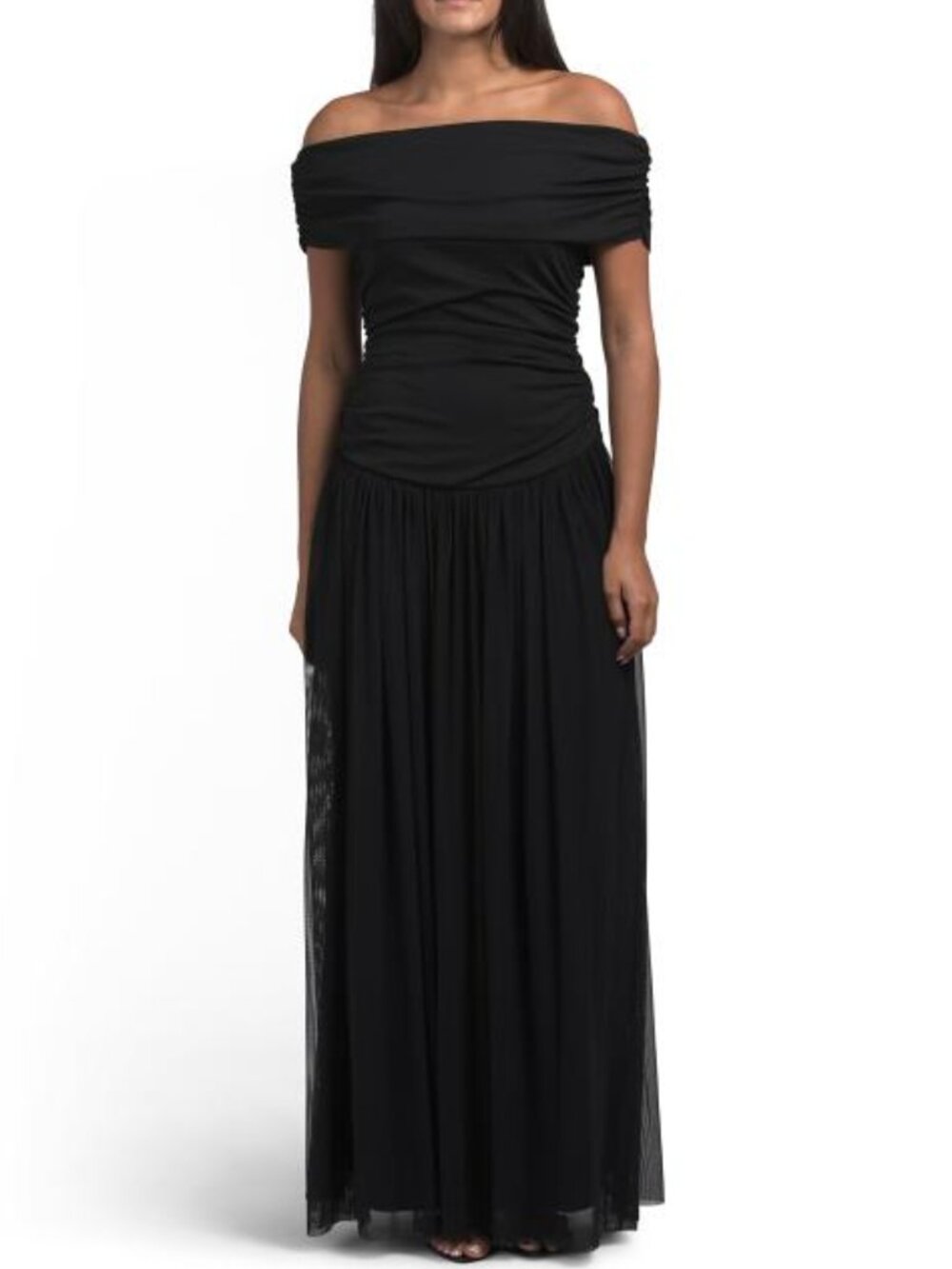 BETSY & ADAM Long Ruched Off The Shoulder Gown